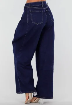 Donkerblauwe Wide Leg Jeans met Overslag Tailleband En Zakken