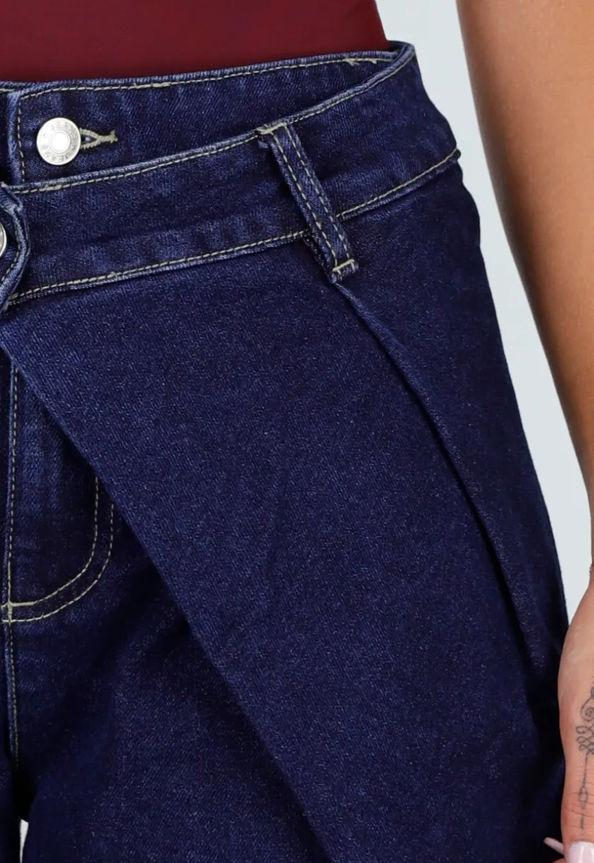 Donkerblauwe Wide Leg Jeans met Overslag Tailleband En Zakken