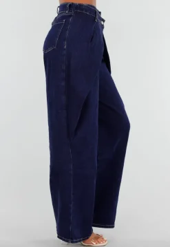 Donkerblauwe Wide Leg Jeans met Overslag Tailleband En Zakken
