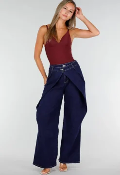Donkerblauwe Wide Leg Jeans met Overslag Tailleband En Zakken