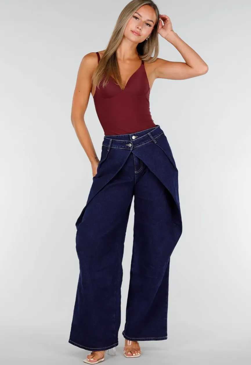 Donkerblauwe Wide Leg Jeans met Overslag Tailleband En Zakken
