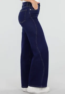 Donkerblauwe Wide Leg Jeans met Hoge Taille en Stretch