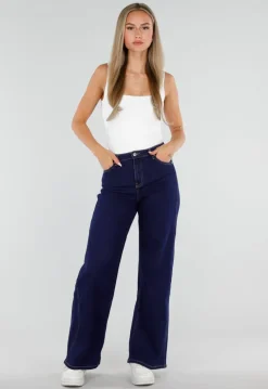 Donkerblauwe Wide Leg Jeans met Hoge Taille en Stretch