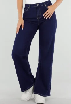 Donkerblauwe Wide Leg Jeans met Hoge Taille en Stretch