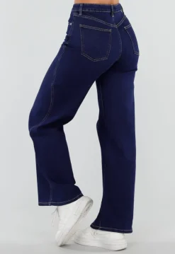 Donkerblauwe Wide Leg Jeans met Hoge Taille en Stretch