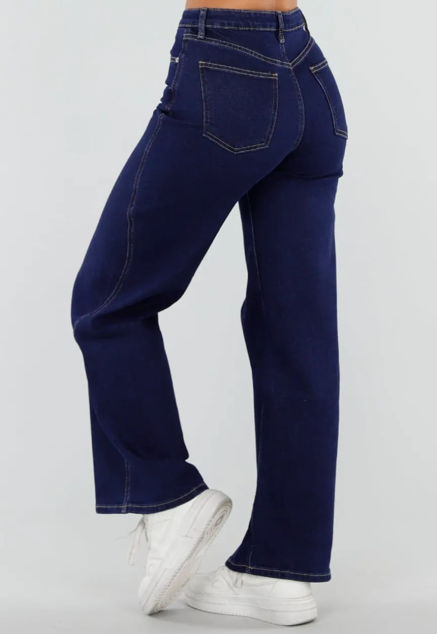 Donkerblauwe Wide Leg Jeans met Hoge Taille en Stretch