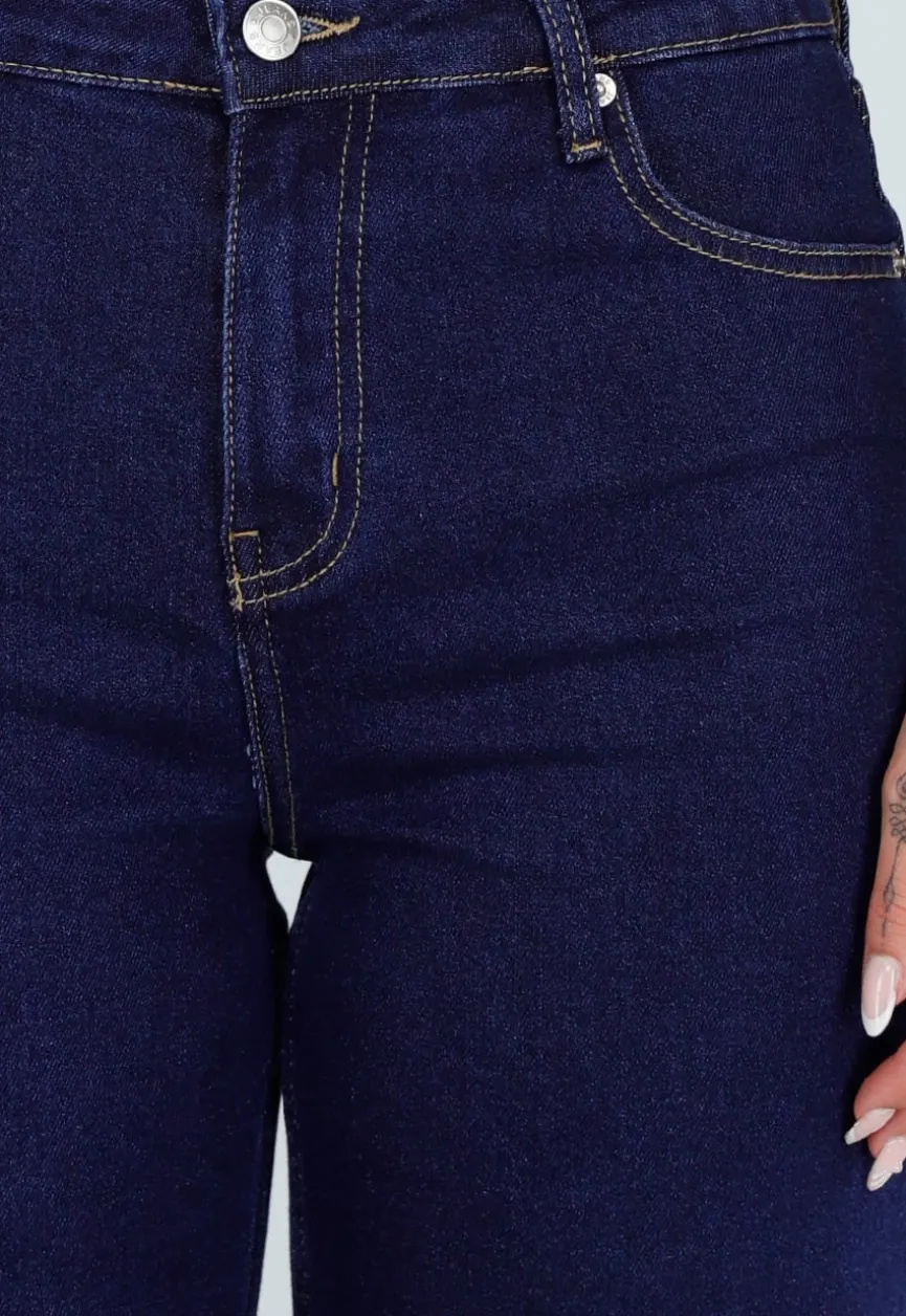 Donkerblauwe Wide Leg Jeans met Hoge Taille en Stretch