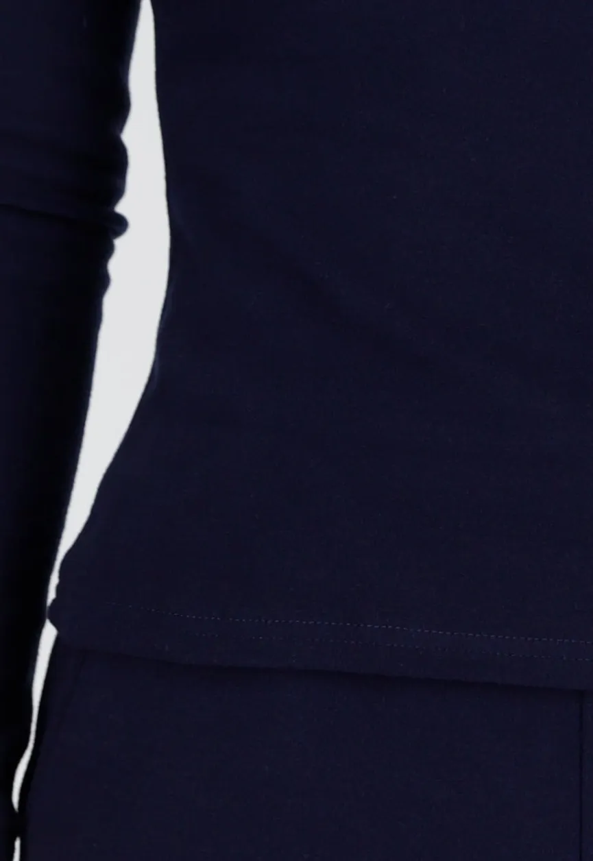 Donkerblauwe Zachte Stretch Top met Ronde Hals en Lange Mouwen