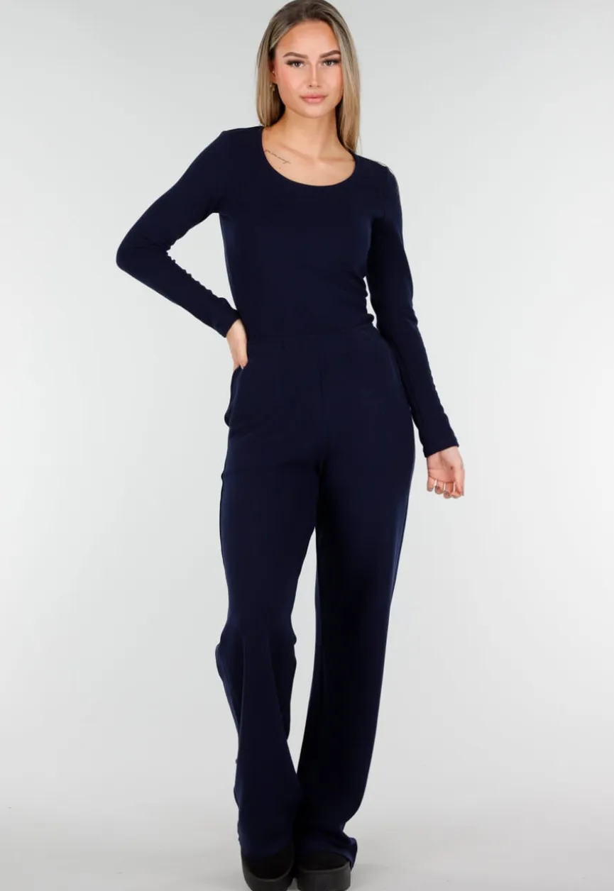 Donkerblauwe Zachte Stretch Top met Ronde Hals en Lange Mouwen