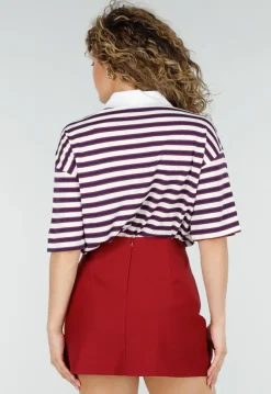 Donkerblauw Rode Gestreepte Polo Top met Kraag en Korte Mouwen