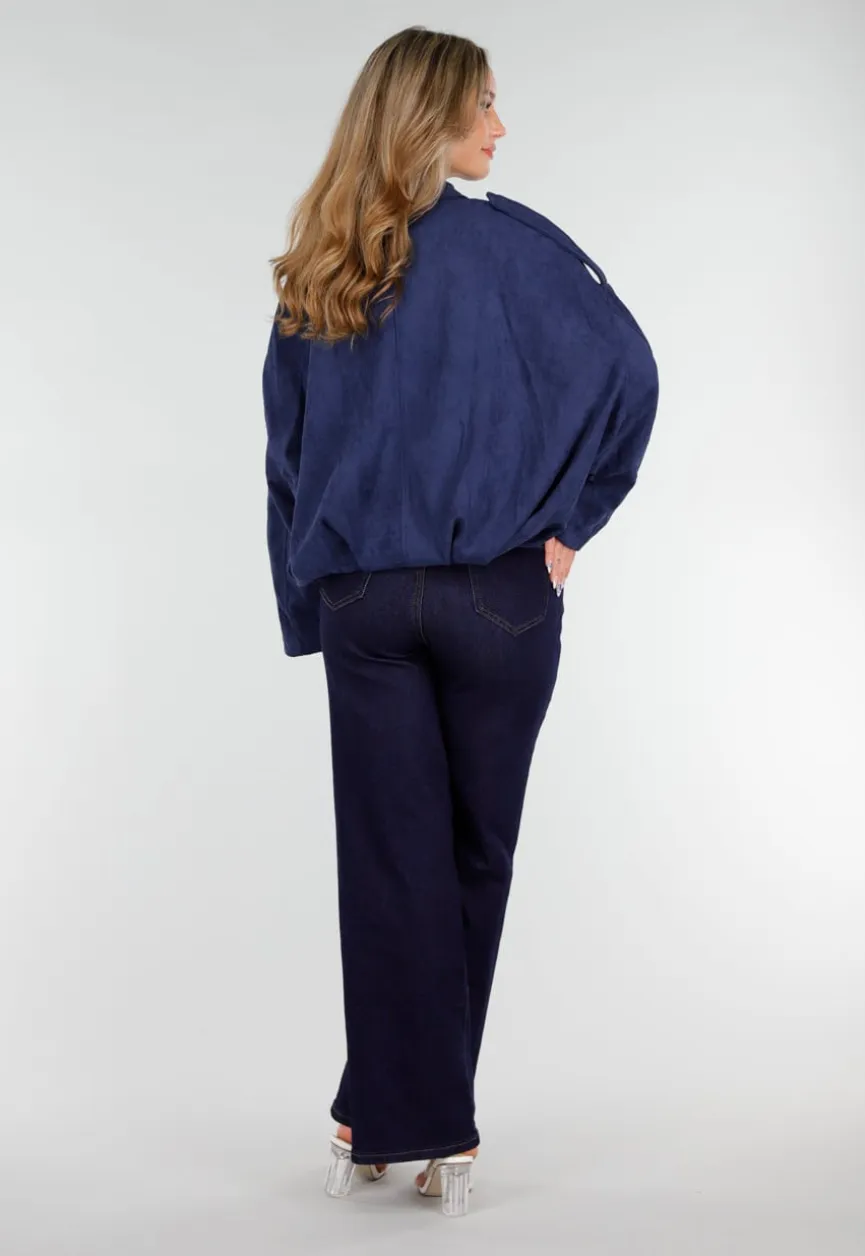 Donkerblauw Suèdelook Jasje met Rits- en Knoopsluiting