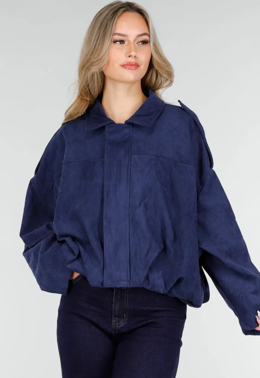 Donkerblauw Suèdelook Jasje met Rits- en Knoopsluiting
