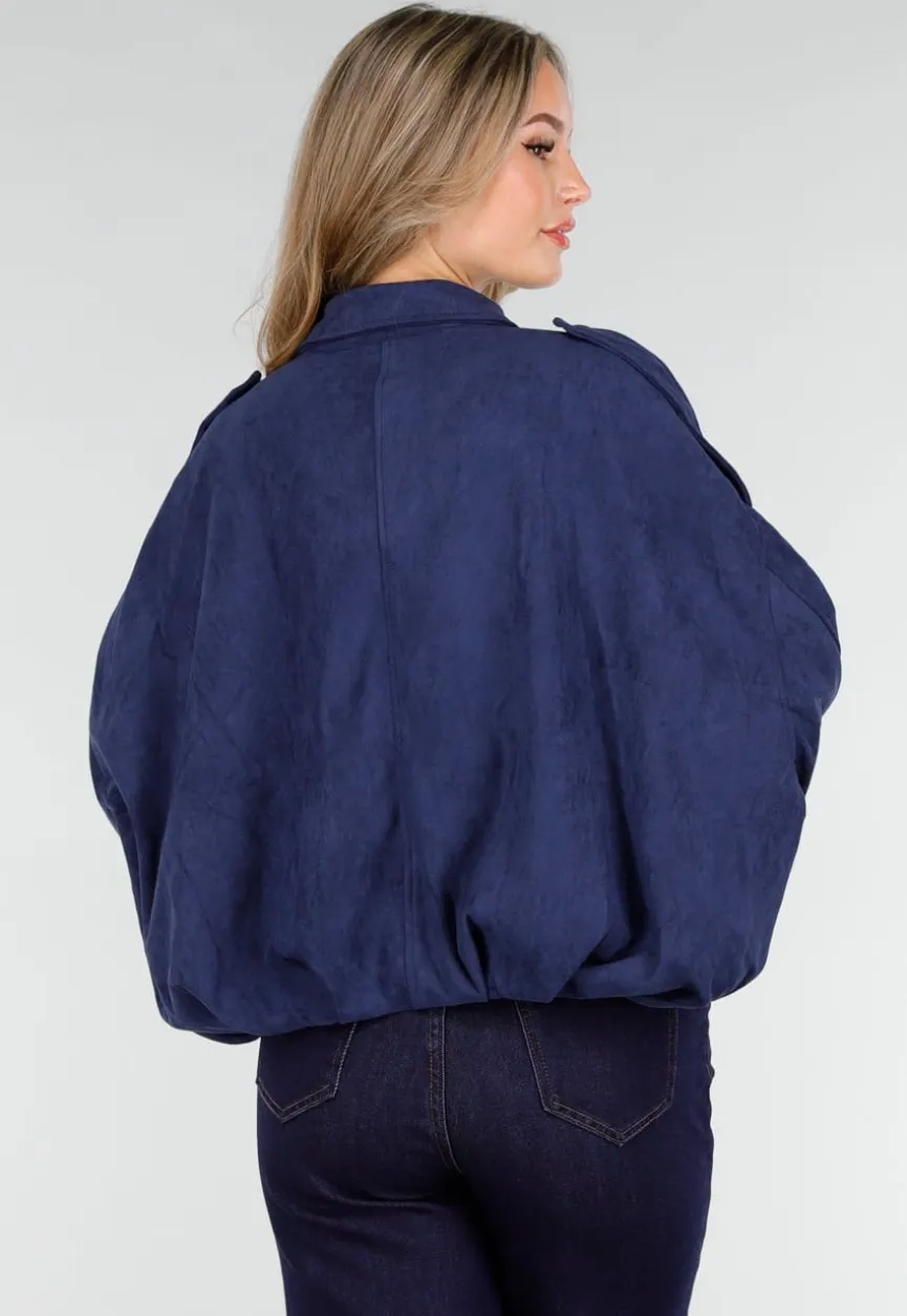 Donkerblauw Suèdelook Jasje met Rits- en Knoopsluiting