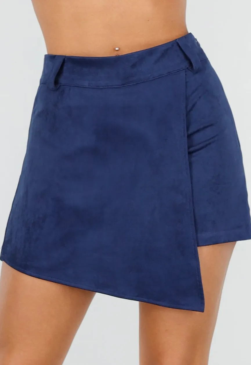Donkerblauw Suède Look Skort met Riemlusjes