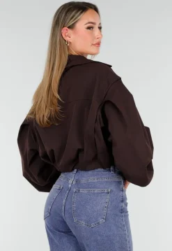 Donkerbruin Cropped Jasje met Pofmouwen en Gouden Knopen