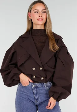 Donkerbruin Cropped Jasje met Pofmouwen en Gouden Knopen