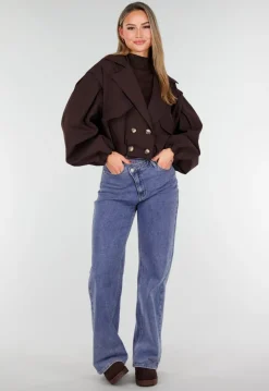 Donkerbruin Cropped Jasje met Pofmouwen en Gouden Knopen