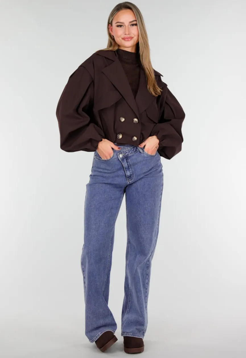 Donkerbruin Cropped Jasje met Pofmouwen en Gouden Knopen