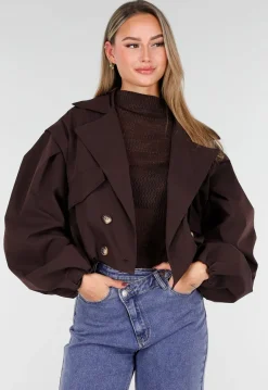 Donkerbruin Cropped Jasje met Pofmouwen en Gouden Knopen