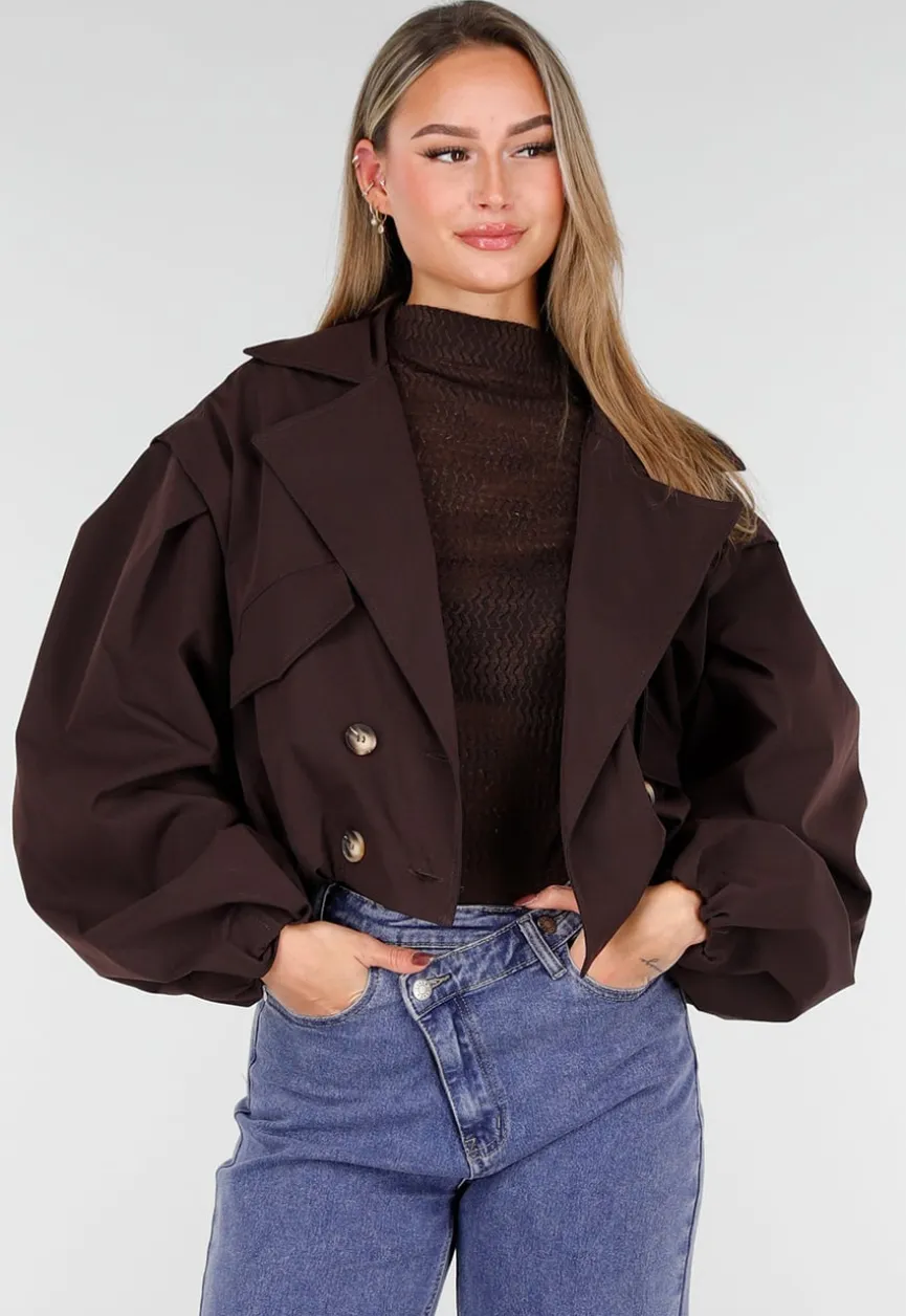 Donkerbruin Cropped Jasje met Pofmouwen en Gouden Knopen