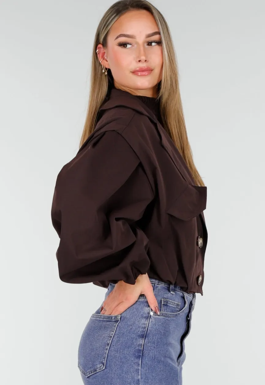 Donkerbruin Cropped Jasje met Pofmouwen en Gouden Knopen