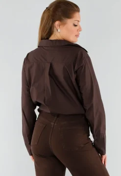 Donkerbruine Blouse met Lange Mouwen en Knoopsluiting
