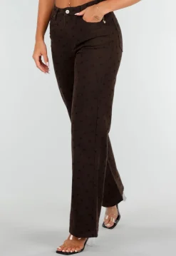 Donkerbruine Denim Straight Leg Jeans met Zwarte Stippen en Hoge Taille