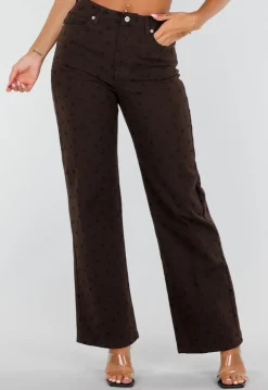 Donkerbruine Denim Straight Leg Jeans met Zwarte Stippen en Hoge Taille