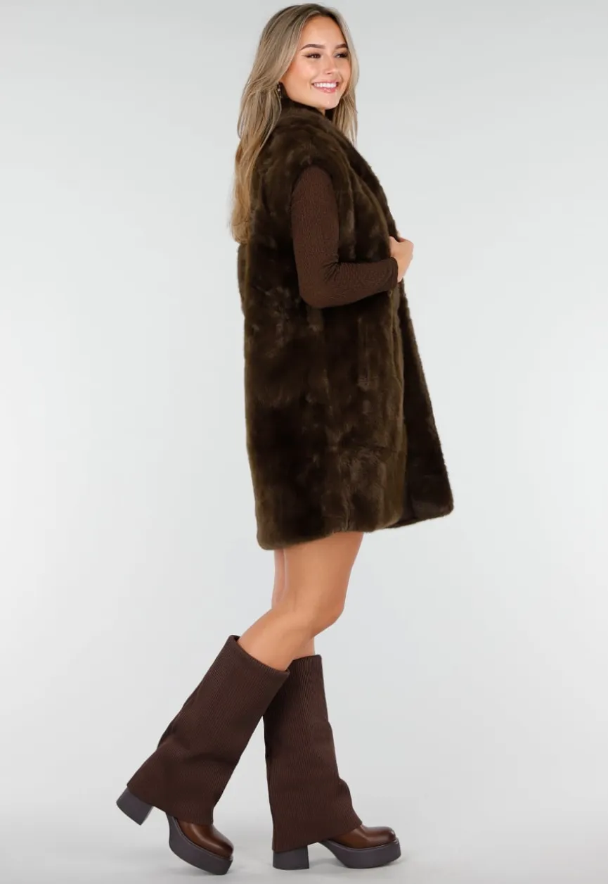 Donkerbruine Faux Fur Bodywarmer met Ceintuur