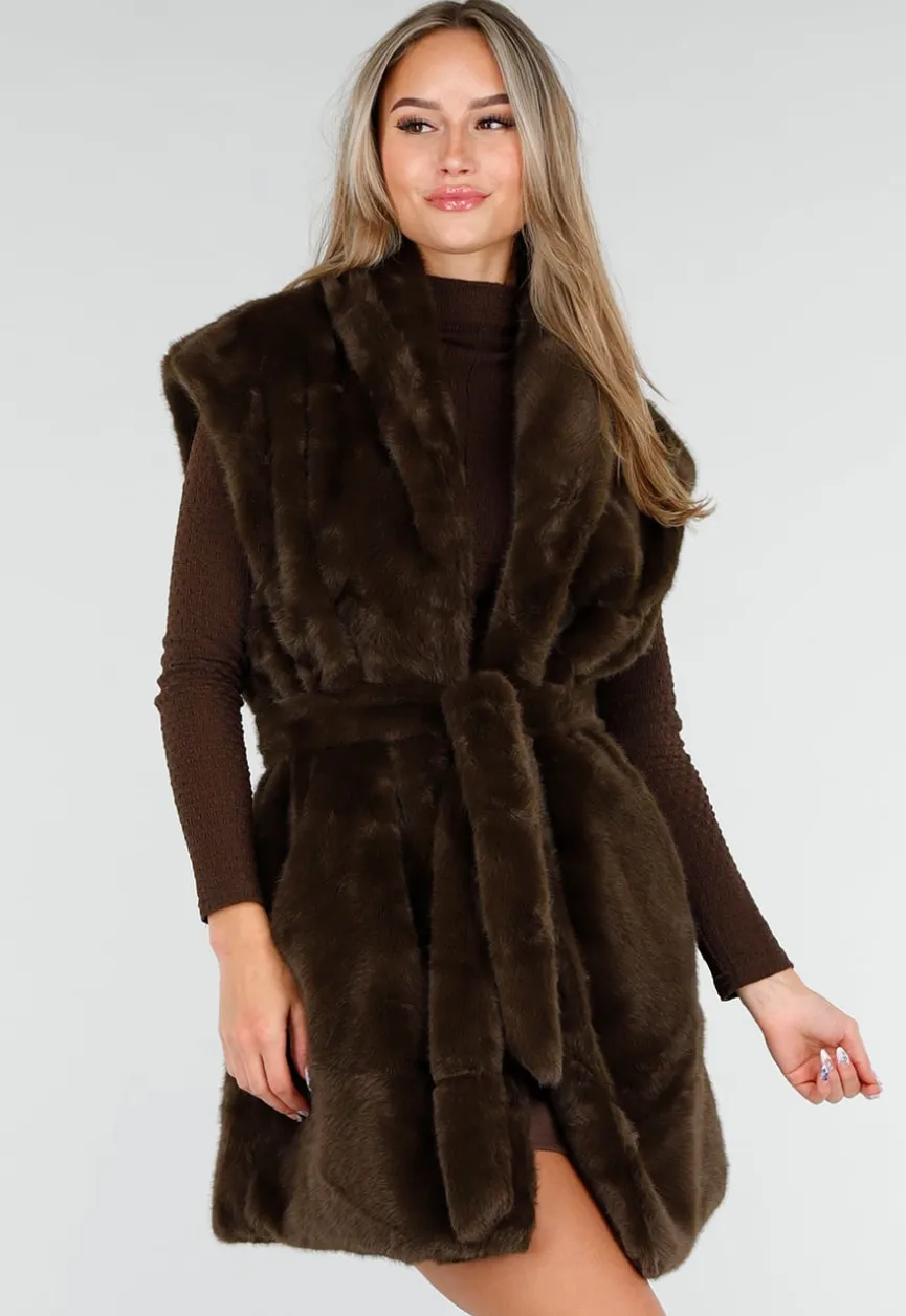 Donkerbruine Faux Fur Bodywarmer met Ceintuur