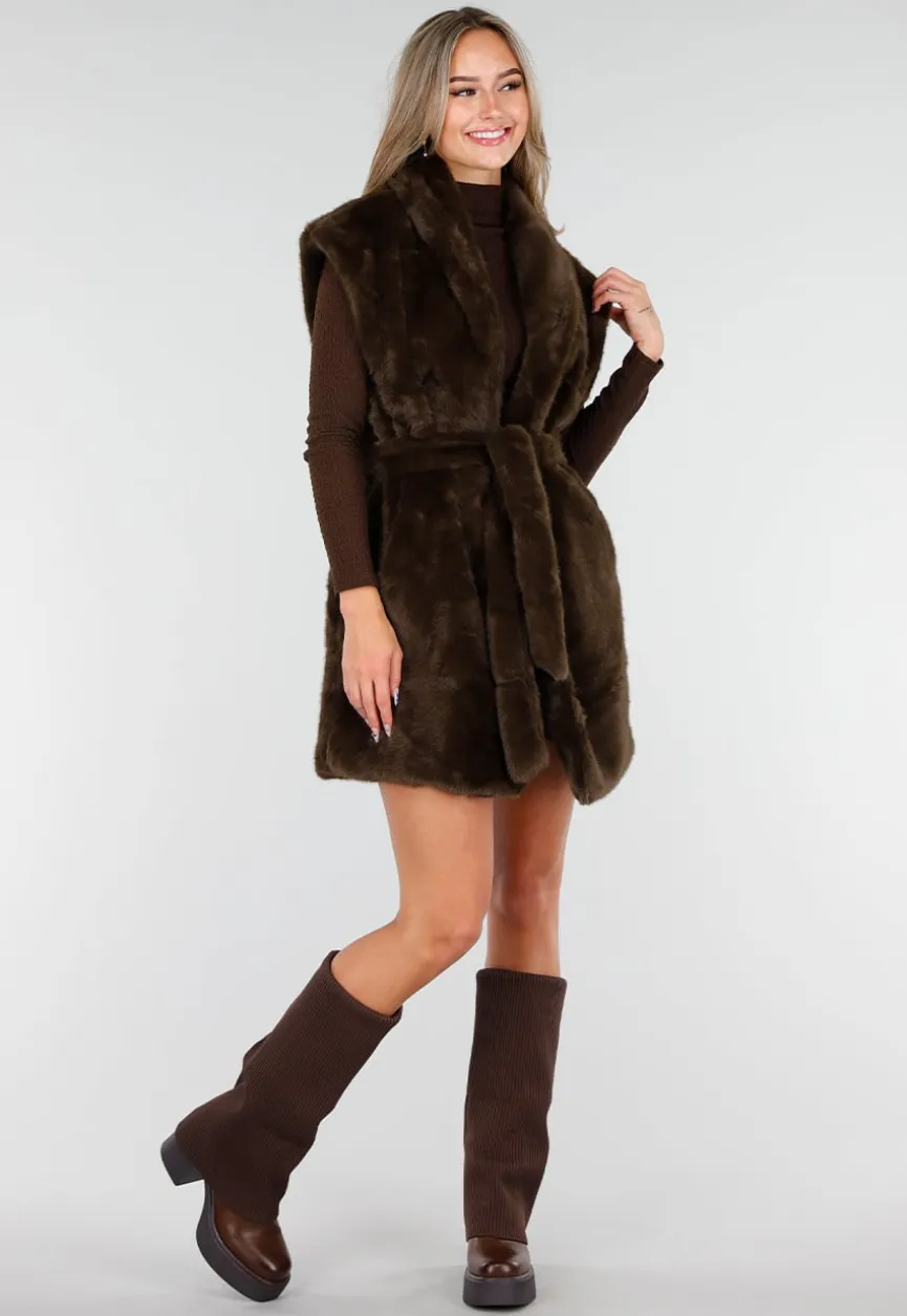 Donkerbruine Faux Fur Bodywarmer met Ceintuur