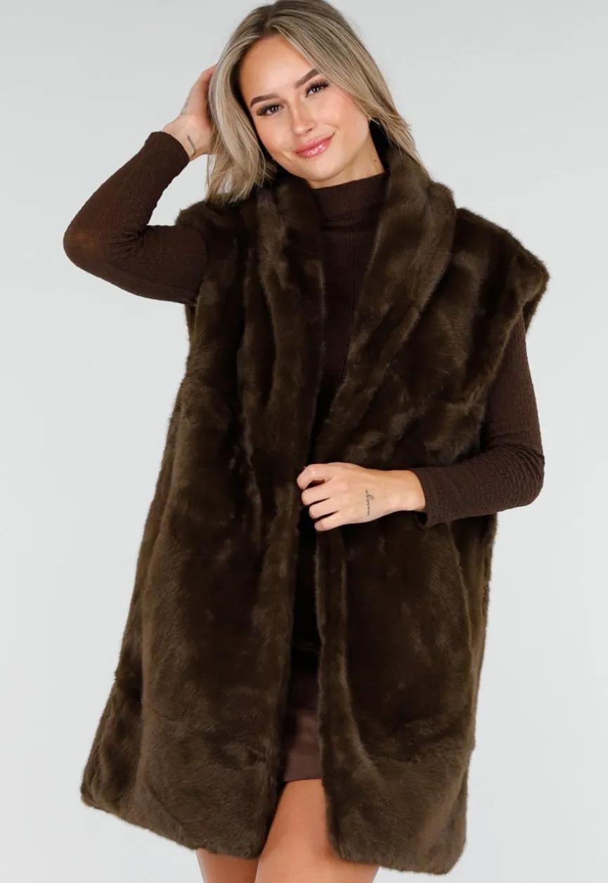 Donkerbruine Faux Fur Bodywarmer met Ceintuur