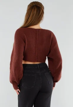 Donkerbruine Gebreide Cropped Trui met V-Hals en Ballonmouwen