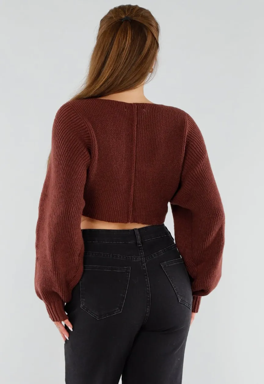 Donkerbruine Gebreide Cropped Trui met V-Hals en Ballonmouwen