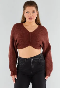 Donkerbruine Gebreide Cropped Trui met V-Hals en Ballonmouwen