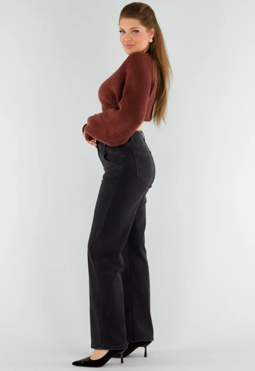 Donkerbruine Gebreide Cropped Trui met V-Hals en Ballonmouwen