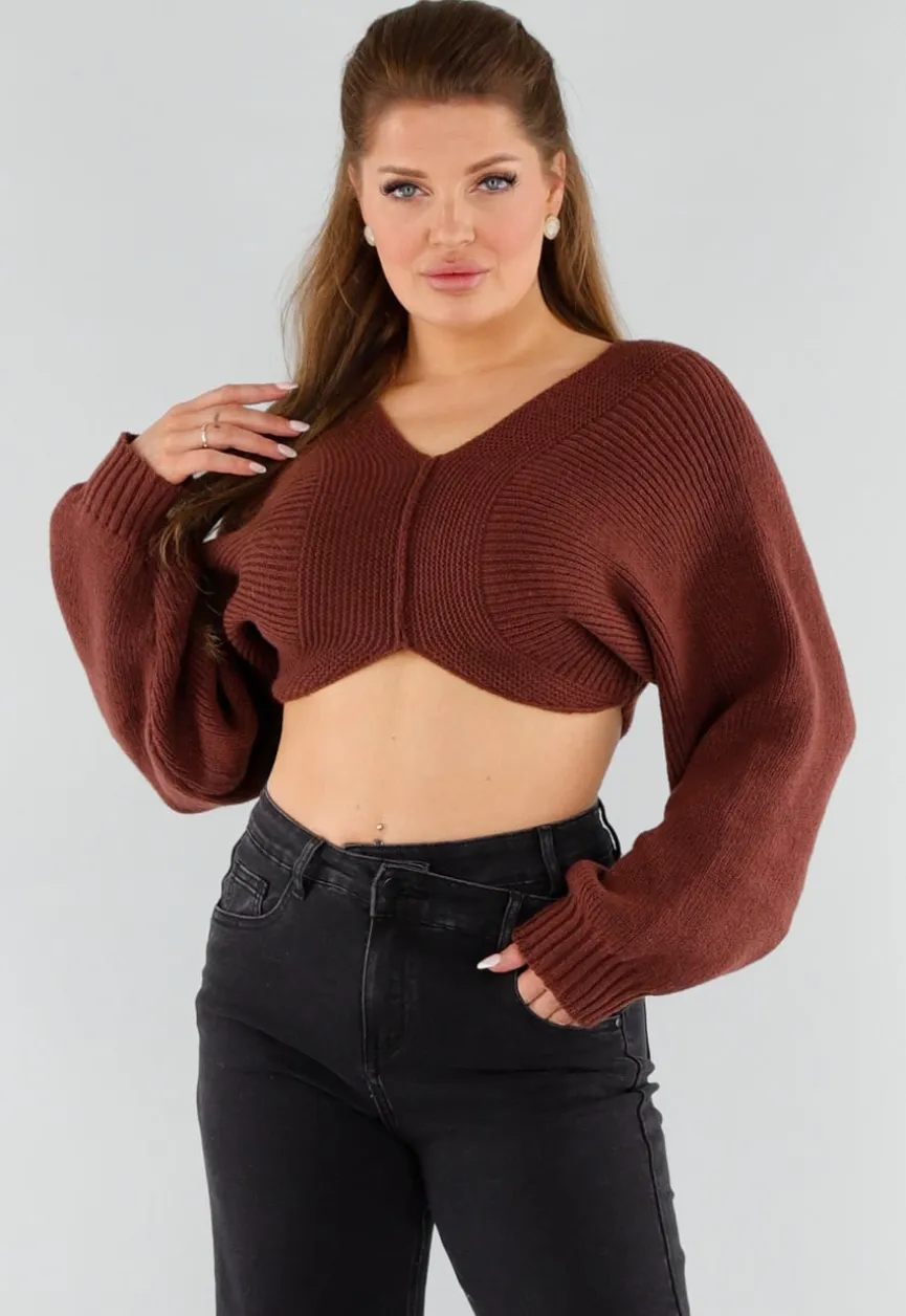 Donkerbruine Gebreide Cropped Trui met V-Hals en Ballonmouwen