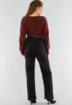 Donkerbruine Gebreide Cropped Trui met V-Hals en Ballonmouwen