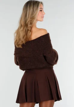 Donkerbruine Gebreide Off Shoulder Trui met Wol en Losse Pasvorm