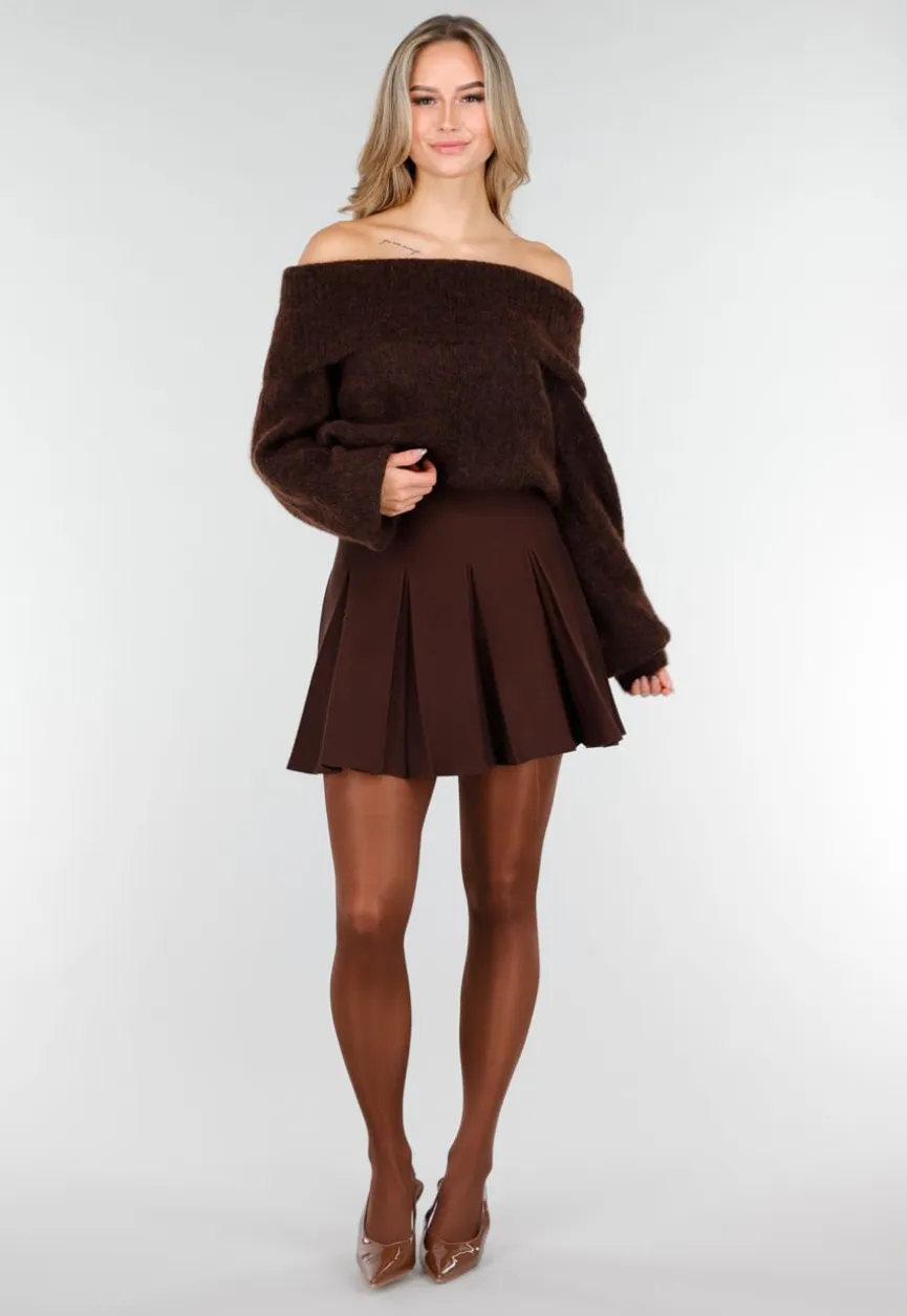 Donkerbruine Gebreide Off Shoulder Trui met Wol en Losse Pasvorm