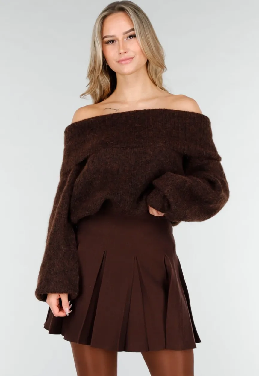 Donkerbruine Gebreide Off Shoulder Trui met Wol en Losse Pasvorm
