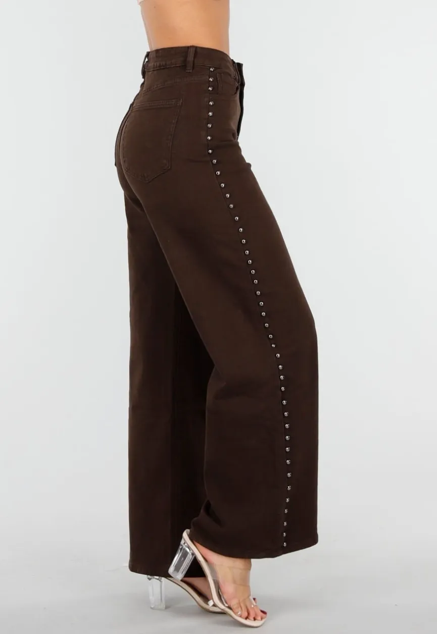 Donkerbruine High Waist Wide Leg Jeans met Zilveren Studs