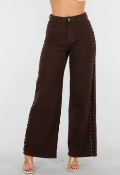 Donkerbruine High Waist Wide Leg Jeans met Zilveren Studs