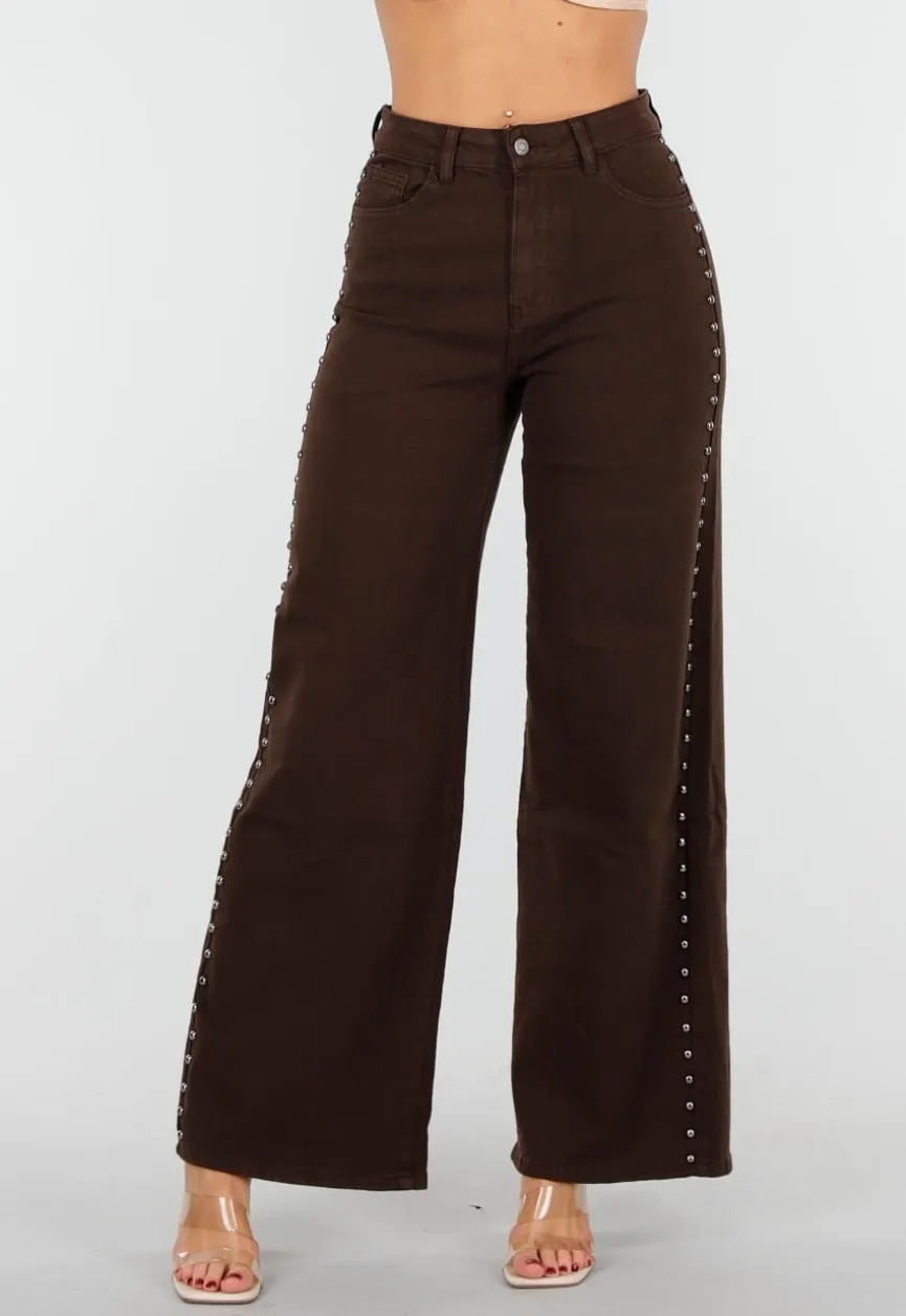 Donkerbruine High Waist Wide Leg Jeans met Zilveren Studs
