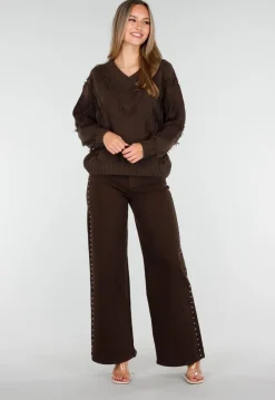 Donkerbruine High Waist Wide Leg Jeans met Zilveren Studs