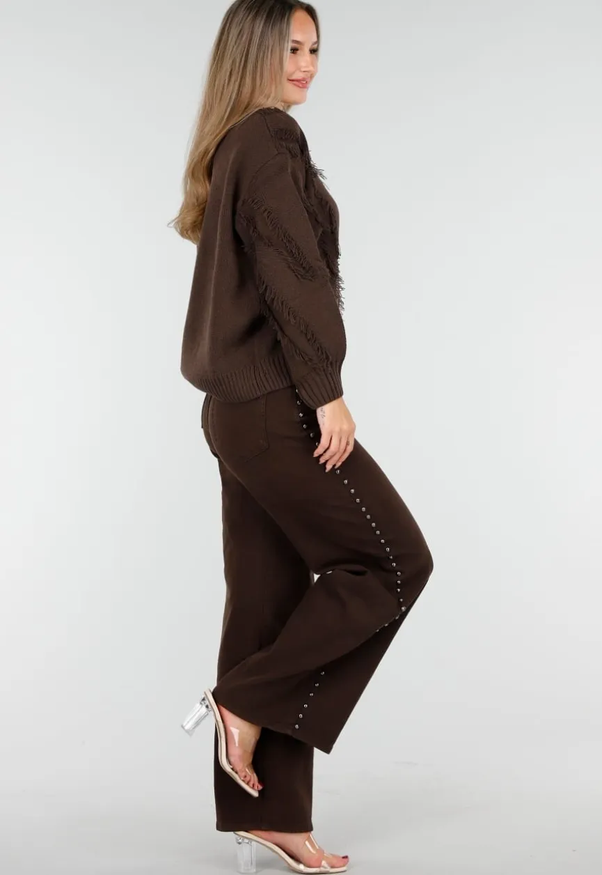 Donkerbruine High Waist Wide Leg Jeans met Zilveren Studs
