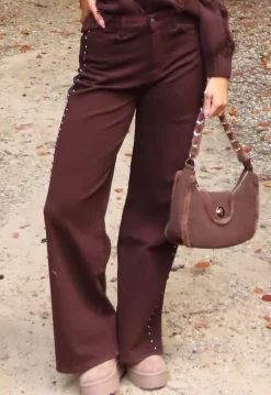 Donkerbruine High Waist Wide Leg Jeans met Zilveren Studs