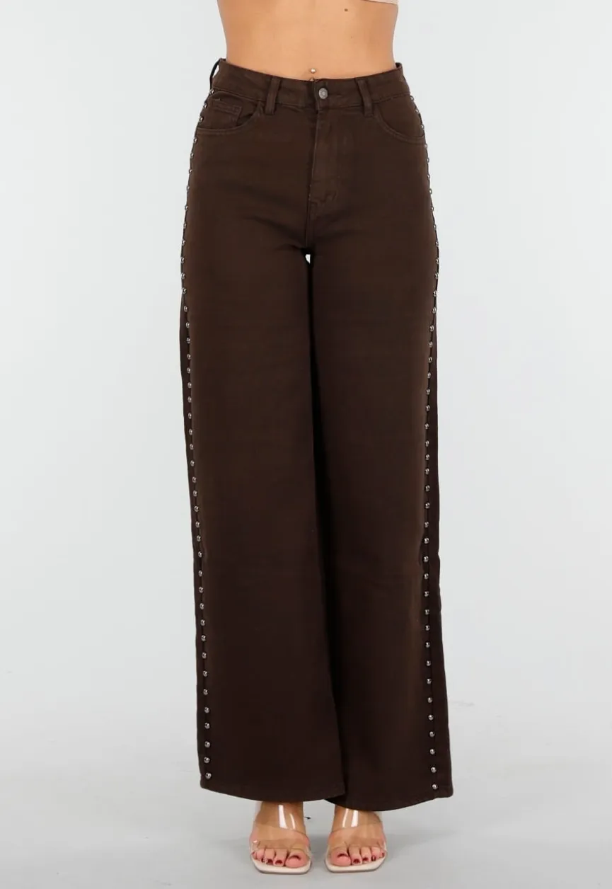 Donkerbruine High Waist Wide Leg Jeans met Zilveren Studs