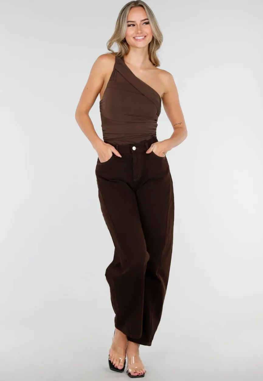 Donkerbruine One Shoulder Body met Drapering in Mesh Stretch