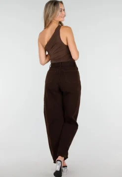 Donkerbruine One Shoulder Body met Drapering in Mesh Stretch